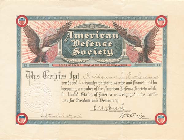 American Defense Society - Membership Certificate